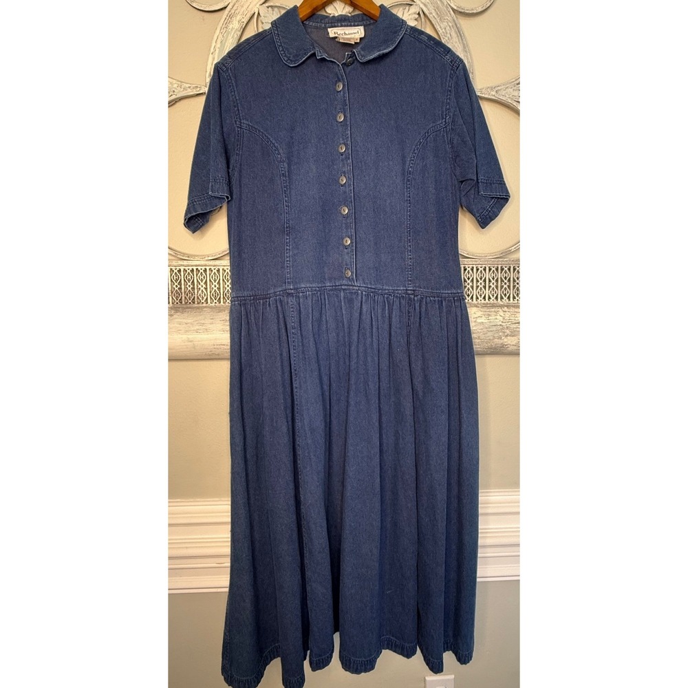 Bechamel Vintage Denim Midi Dress Blue Button Front Peter Pan Collar Small